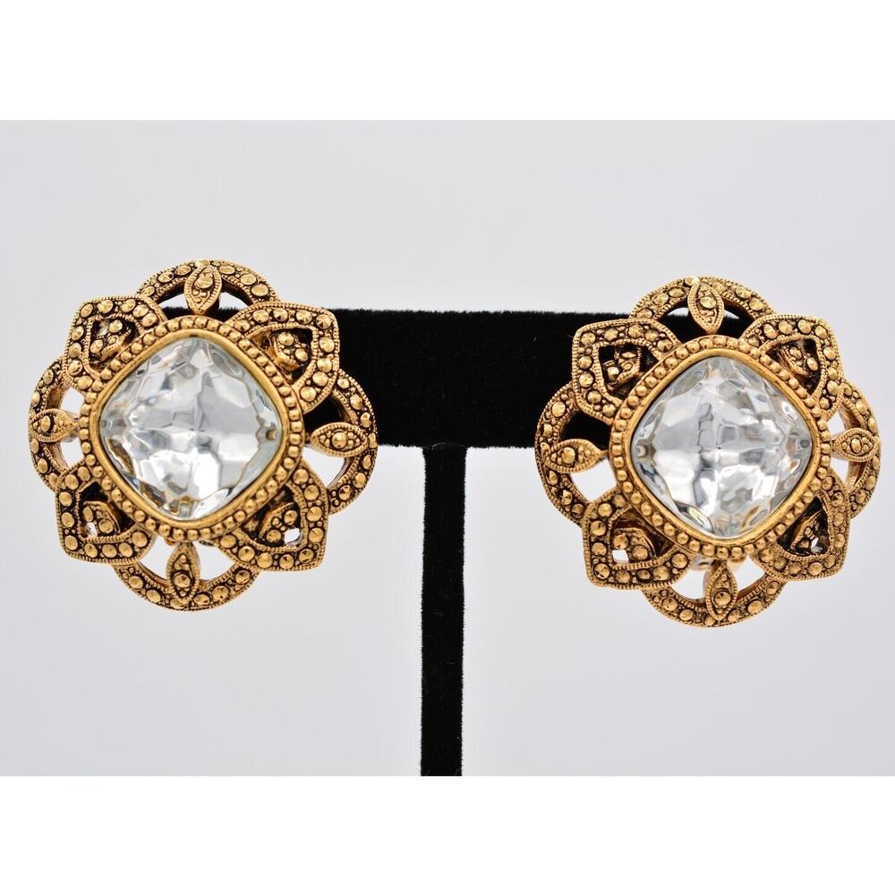 Avon Vintage Crystal Clip On Earrings Rhinestone Antiqued Gold Chunky 80s BinAZ